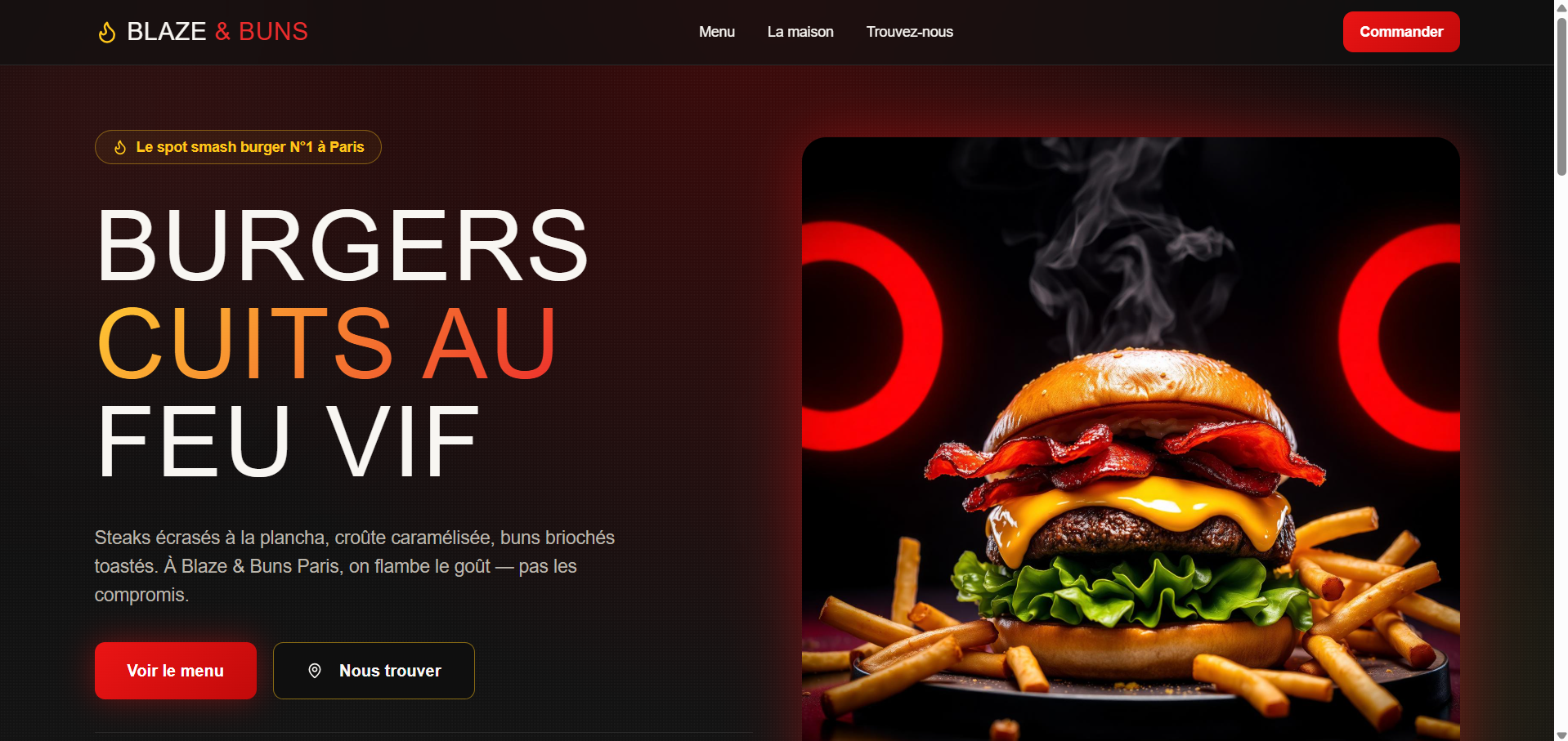 Blaze & Buns — aperçu de la landing page